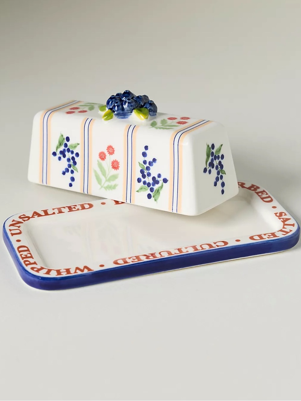 Anthropologie Floral Butter Dish with Blueberry Knob Navy Blue and White